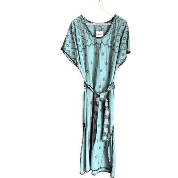 ZARA Bloggers Fav V- Neck Linen Embroidered Caftan Dress Tie Waist Size L NEW - Picture 10 of 13